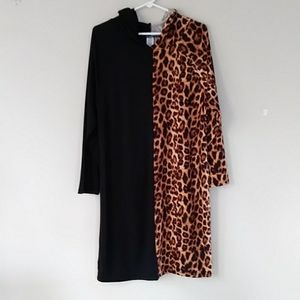 NWOT Arabella Color Block Leopard Print Hooded Dress 1X Black Brown